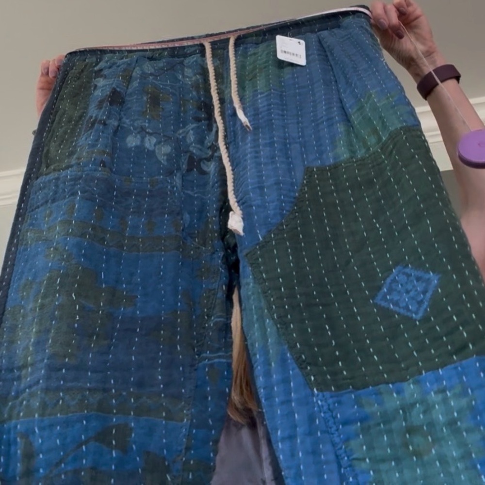 NWT FP Dr Collectors Textured Green and Indigo Pleated Kantha Pants - Picture 5 of 17